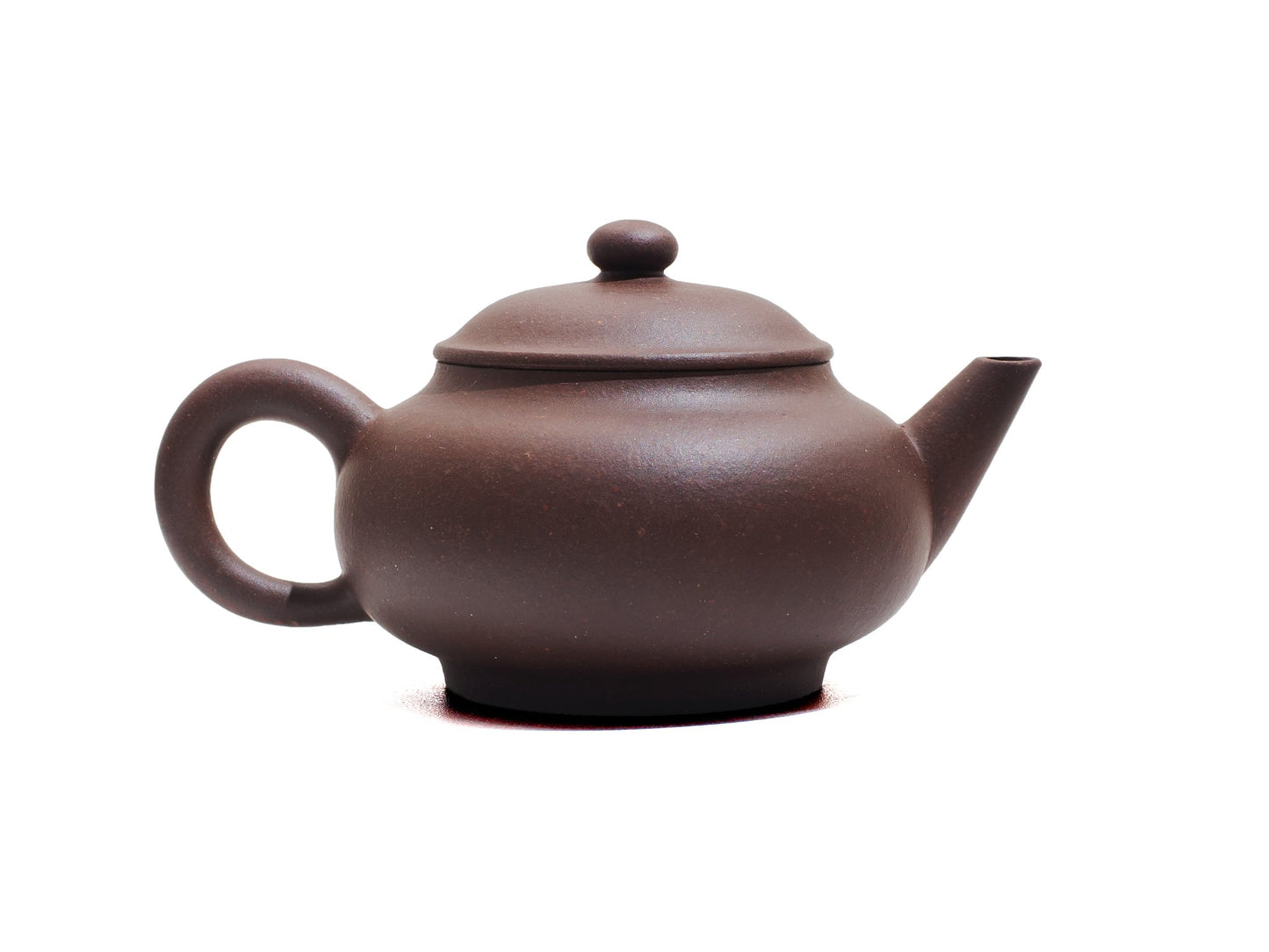 Left side view of Cha Zhi Ji Yixing teapot Junde in bronze grade purple clay