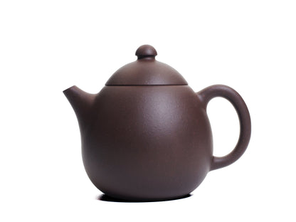 Left side view of the bronze grade Da Long Dan teapot with a gently curving spout and oval body.