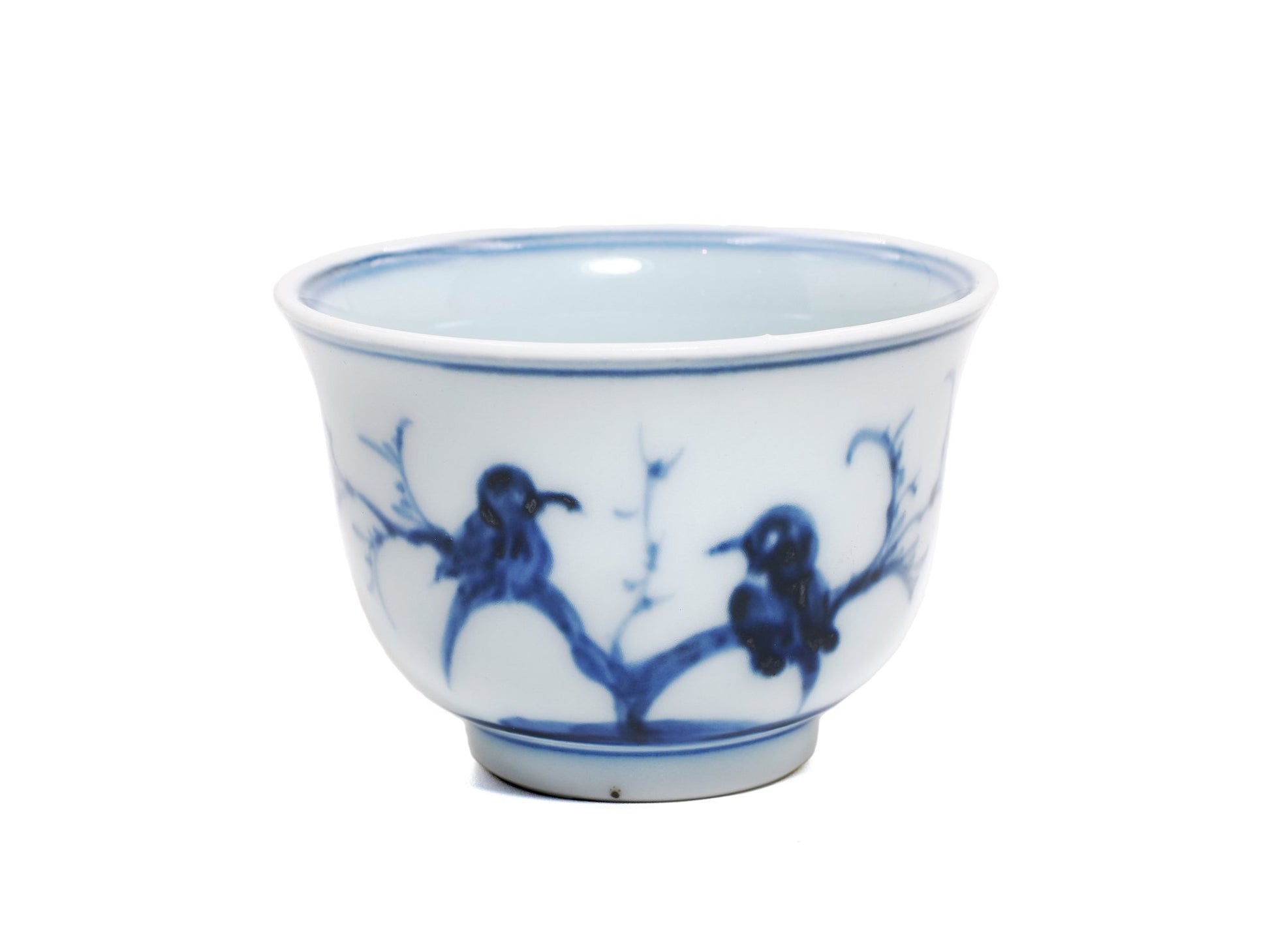 Angled view of 1980s blue and white porcelain teacup