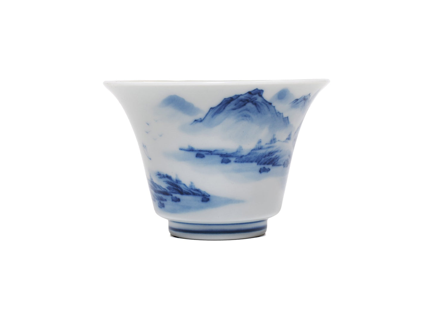 Rear view of Jingdezhen porcelain teacup with mountain scene