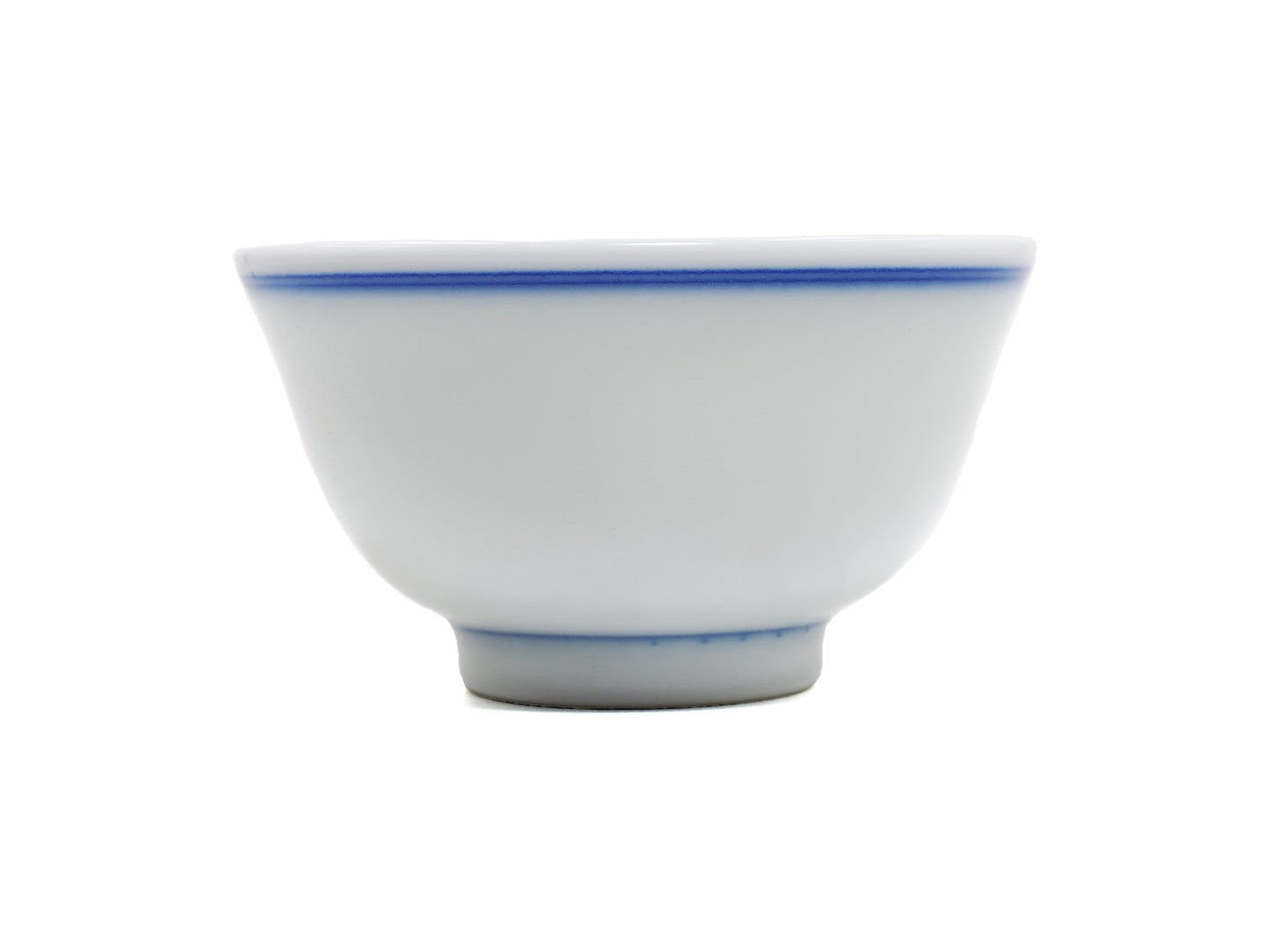 Modern Jingdezhen blue line porcelain teacup, side view with cobalt rim