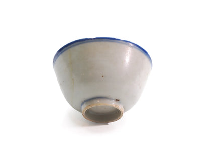 Base of an antique Late Qing Dynasty Blue Line cup showing the unglazed foot ring and late Qing dynasty porcelain body