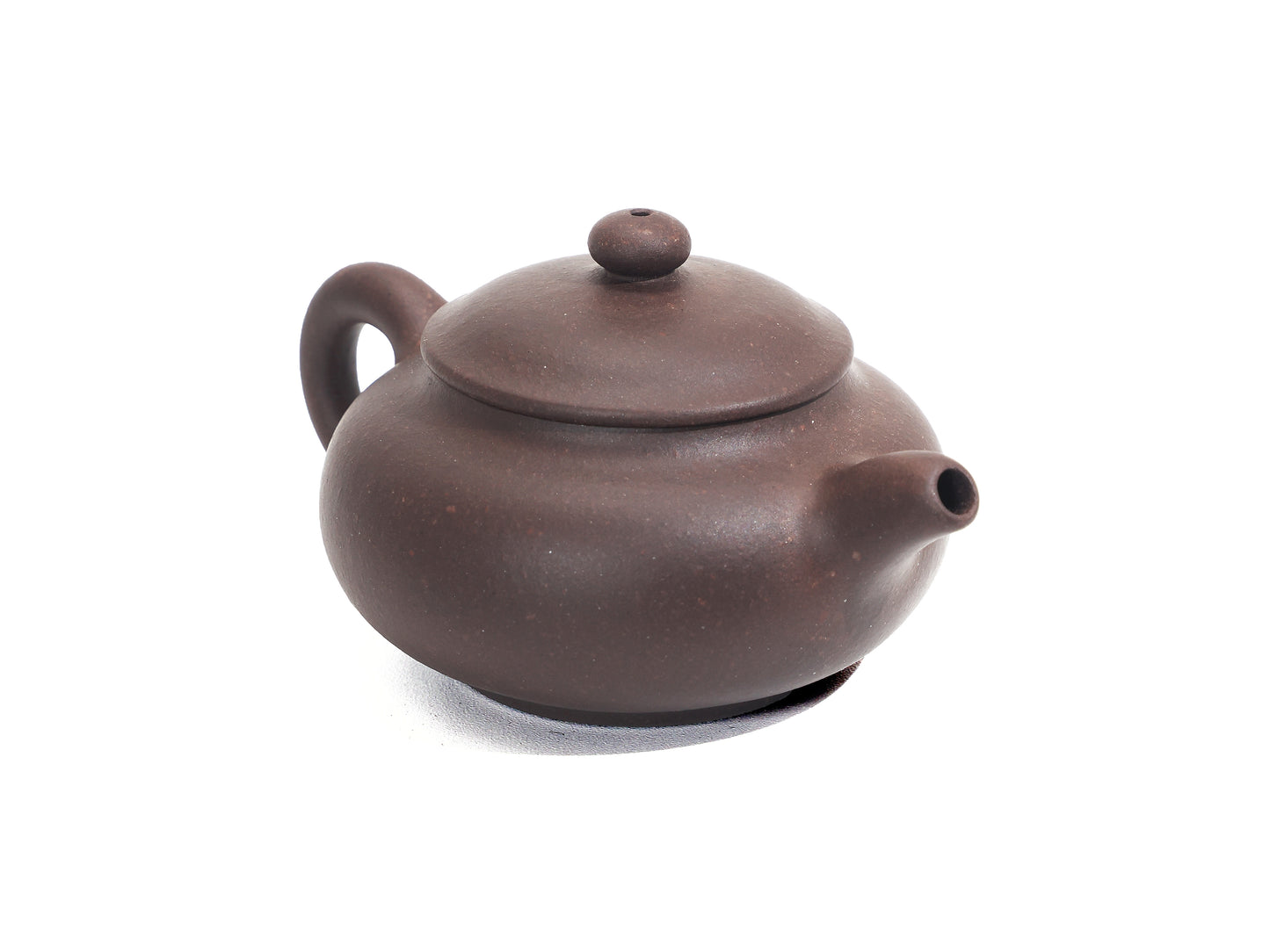 Angled top-right view of Pan Hu Teapot 50ml in Bronze Grade Yixing clay