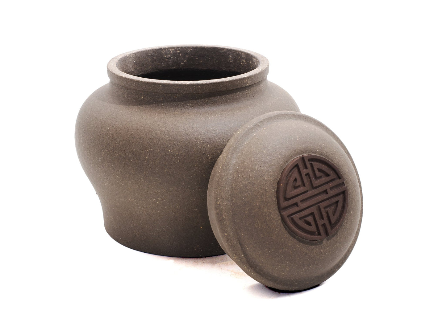 Open lid view of Yixing tea jar with visible storage interior