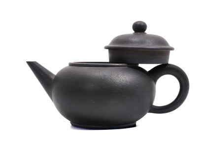 Wood Fired “22 Cups” Shui Ping Yixing Teapot with lid lifted – 320ml Bronze Grade Purple Clay