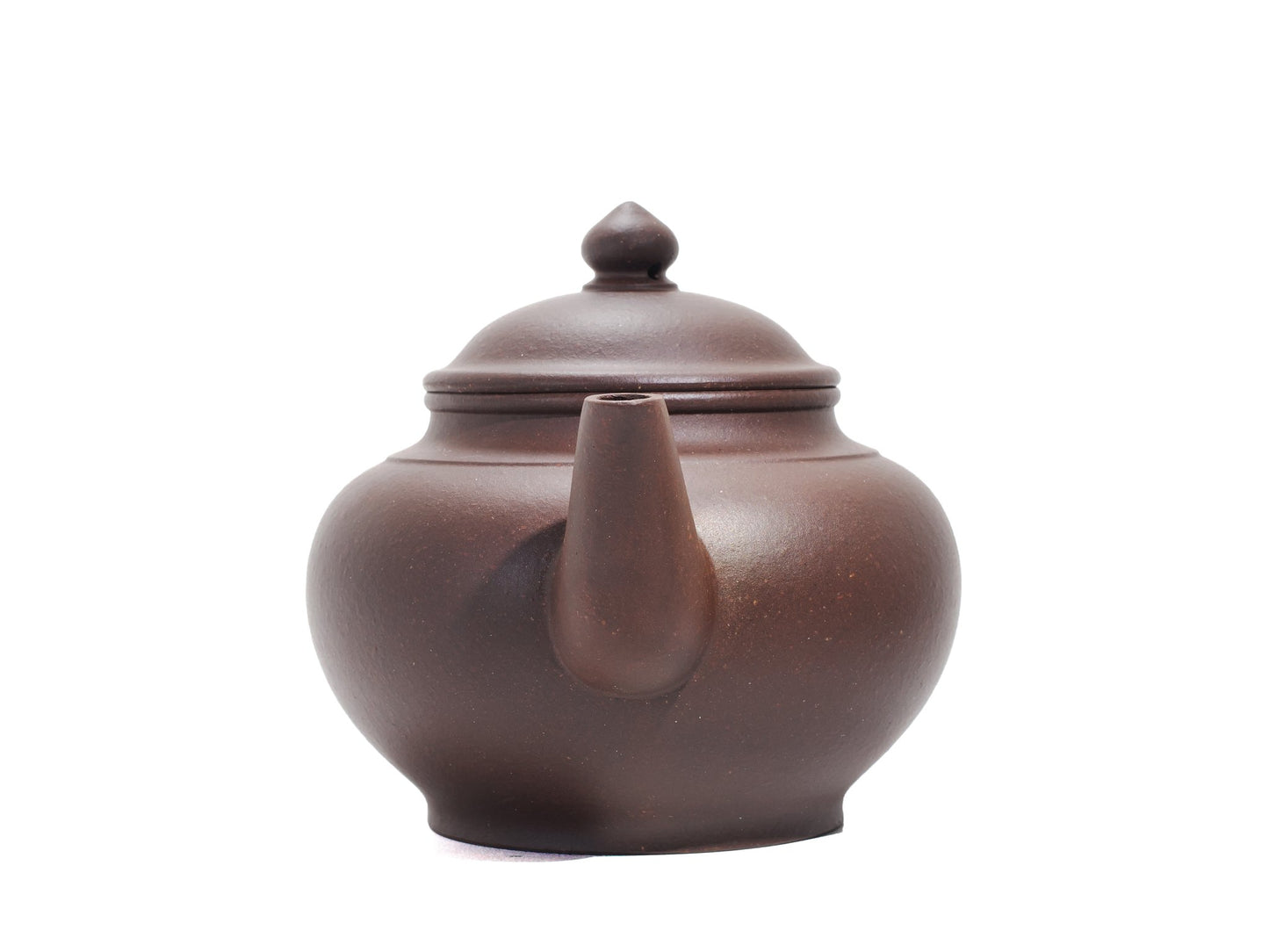 Front view of the bronze clay Xiao Ying teapot highlighting its pointed lid knob and vertical spout.